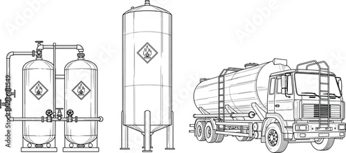 Industrial Gas Storage Tanks and Fuel Tanker Truck with Flammable Warning Signs, Representing Energy Logistics, Chemical Transport, and Fuel Distribution.
