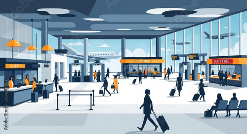 Modern Airport Terminal Interior with Passengers and Check-in Counters.
