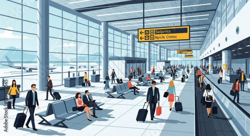 Modern Airport Terminal Interior with Passengers and Luggage.