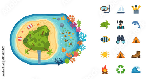 Tropical Island Paradise with Marine Life and Adventure Icons