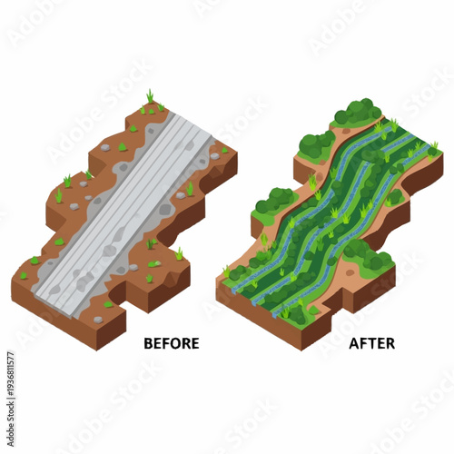 Isometric Before and After River Restoration Illustration.