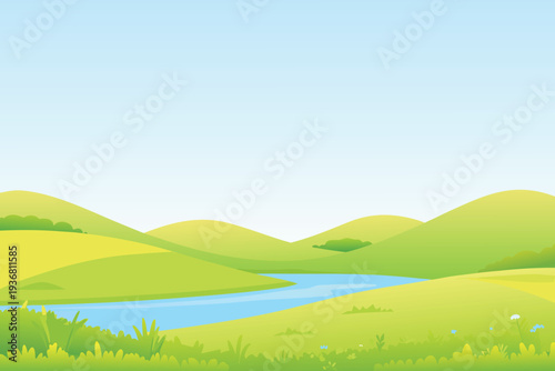 Green rolling hills with a winding river under a clear blue sky digital illustration serene landscape