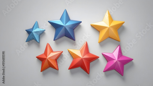 Colorful Three-Dimensional Stars in Various Sizes Arranged on a Light Gray Background