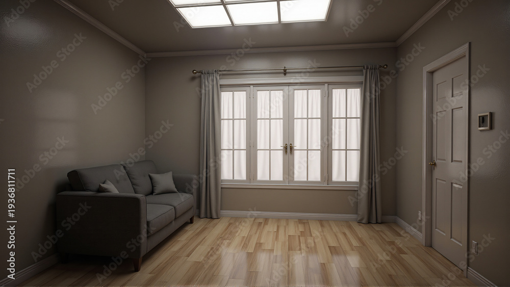 Obraz premium Cozy living room with a modern sofa and large windows