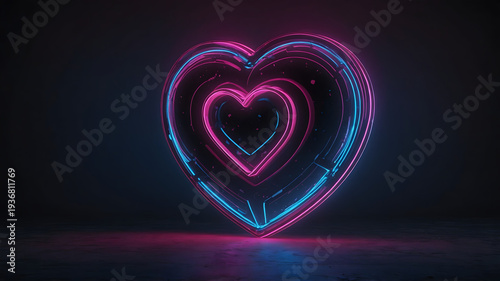 Digital Neon Heart Shapes Glowing In Dark Space With Vibrant Colors And Abstract Design