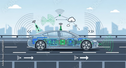 Autonomous Electric Car Driving on Highway with Digital Connectivity.
