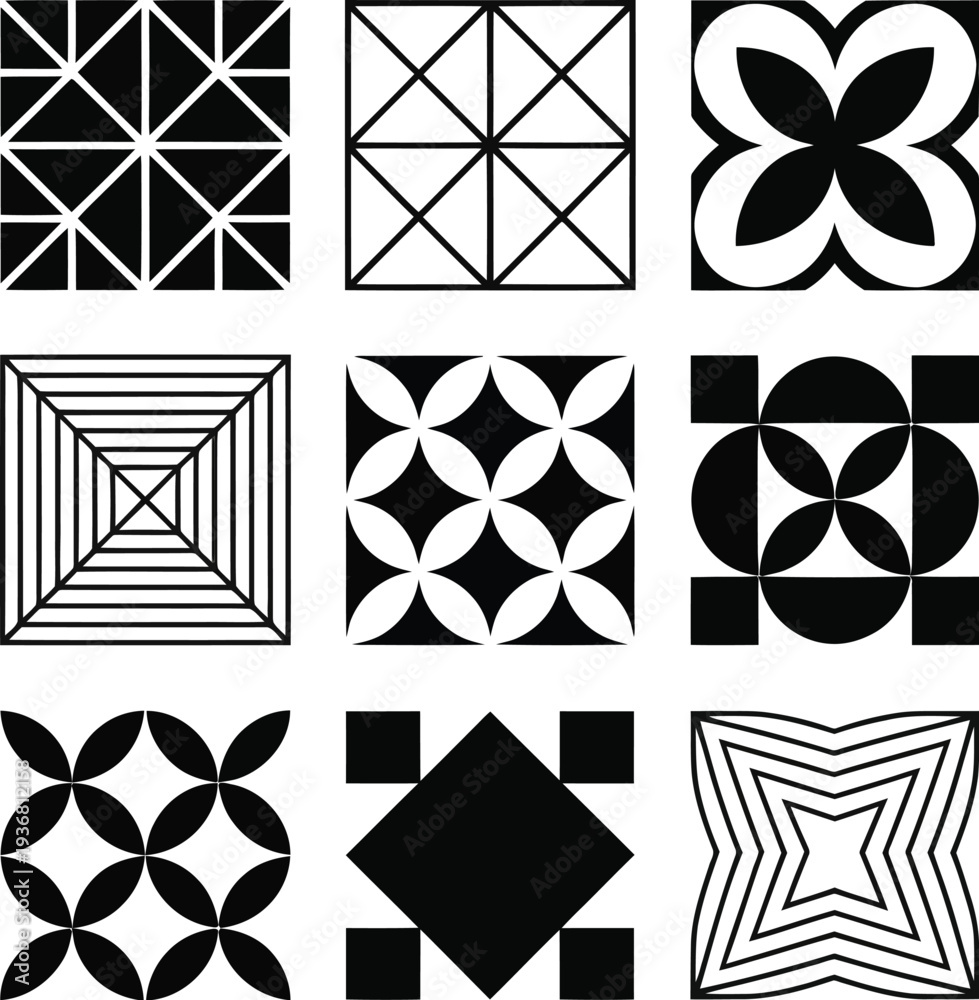 Fototapeta premium Geometric pattern icons set in black and white colors