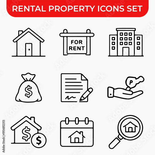 Rental Property Icons Set: Illustrative icons representing various aspects of rental properties, offering a concise visual guide to the rental process and associated elements.