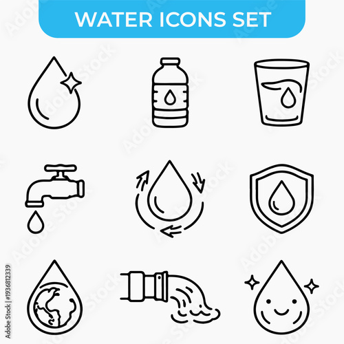 Water Icon Set: A comprehensive collection of water-related icons, ideal for illustrating hydration, conservation, and the essence of aquatic resources. 
