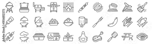BBQ cooking methods line icon set. Kettle charcoal grill, gas cart barbecue, smoker barrel, kebab skewer, steak grate, chimney starter outline vector illustrations. Signs for grilling food.