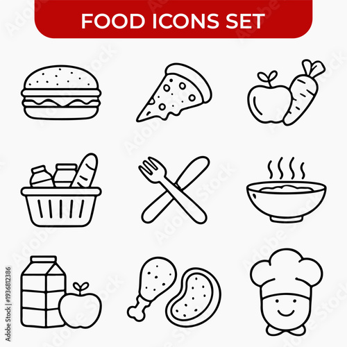 Food Icons Set: A delightful array of line art icons showcasing a variety of delicious food items, from classic burger and pizza slices to fresh fruits and nourishing soup.