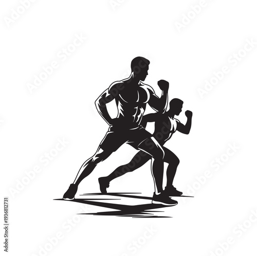 Dynamic Duo of Determination: A silhouette captures two athletes, embodying strength, speed, and focus, frozen mid-motion in a testament to human potential.