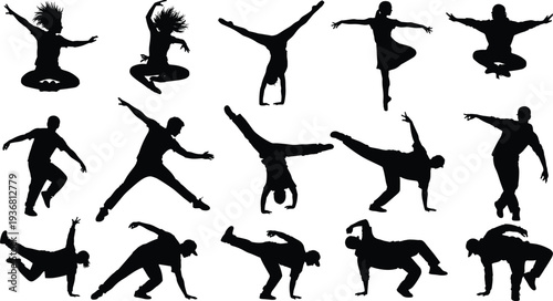 Large graphic collection featuring elephant silhouettes, urban street dancers, a cartoon dynamite character, vintage quill pen, green pea pod, and winter snowman scene elements.