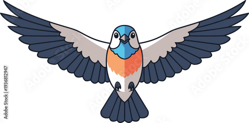 Bluebird illustration displays wings spread wide in a direct frontal view against a white backdrop.