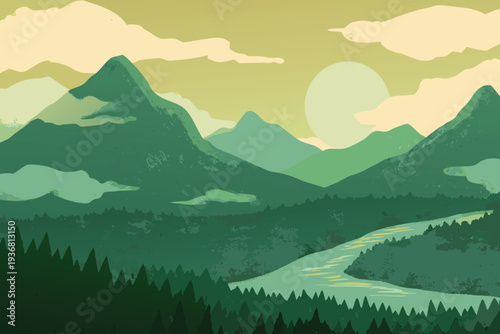 Misty Mountains Valley River Sunrise Scenic Nature Landscape Illustration
