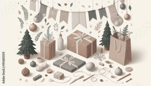 Christmas gifts and decorations with wrapping accessories.