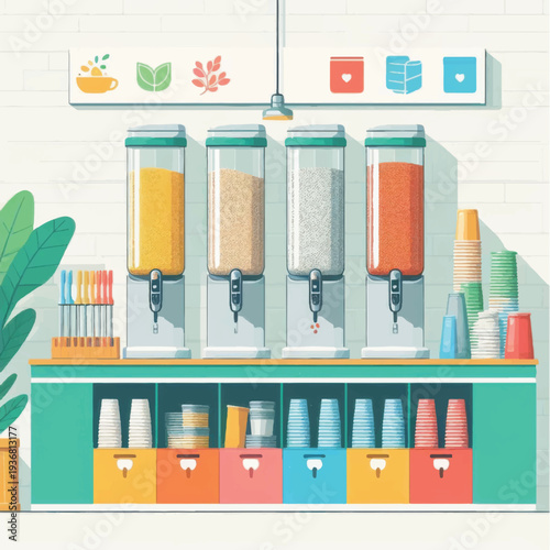 Colorful Juice Dispensers and Bottles Display.