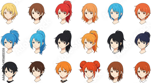 Anime girl headshot avatar set with various hairstyles and hair colors for manga character design and social media