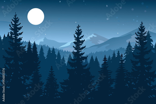 Moonlit Night Forest Landscape with Pine Trees and MountainsStock Illustration