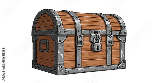 A detailed cartoon illustration of a closed wooden treasure chest with reinforced iron straps and a padlock, isolated on a clean white background.