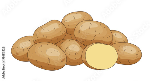 A fresh pile of whole brown potatoes with one tuber cut in half to show its yellow flesh, illustrated in a clean cartoon style on a white background.