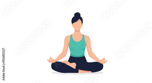 Faceless illustration of a calm woman with her hair in a bun sitting in the lotus yoga pose for meditation, mindfulness, and relaxation on a white background.