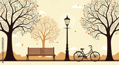 Stylized autumn park scene with ornate swirly trees, a bench, a classic lamppost, and a bicycle, all rendered in a warm, monochromatic sepia tone.