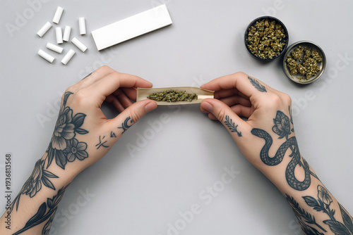 Tattooed hands rolling a cannabis joint on a clean gray tabletop with rolling paper, grinder and herbal buds. Minimalist flat lay paraphernalia with copy space.