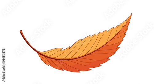 Detailed and realistic illustration of a single curved orange and yellow autumn leaf, captured as if gently falling or blowing in the wind on a white background.