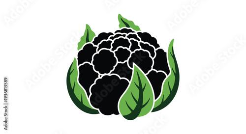 Stylized graphic icon of a cauliflower head with black florets and vibrant green leaves, creating a bold and modern vegetable illustration on a white background.