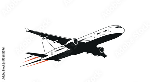 Dynamic black and white illustration of a passenger airplane taking off at an angle, with motion lines and orange fire from the jet engines.