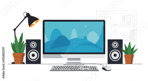Modern and tidy workspace illustration with a computer, speakers, desk lamp, and potted plants, representing a creative or home office setup in a flat design style.