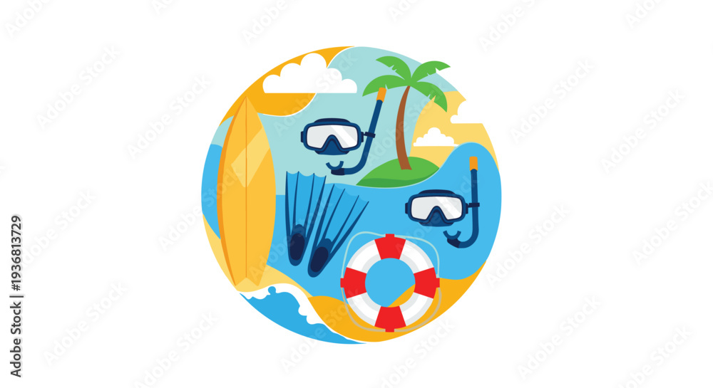 Fototapeta premium Circular concept illustration filled with summer vacation and water sports equipment, including a surfboard, snorkel mask, fins, and a lifebuoy on a beach.