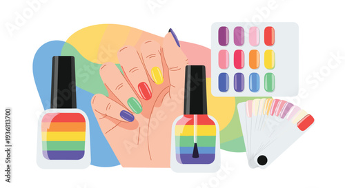 Manicure and pride concept illustration with a hand showing off rainbow-colored nails, nail polish bottles with pride flags, and color palette swatches.