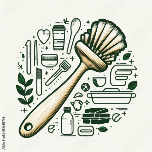 Illustration of Cosmetic Brushes and Beauty Products.