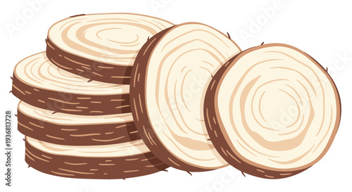 A neat stack of round, sliced taro root or yam, showing the rough, textured brown skin and the pale interior with subtle rings, isolated on white.