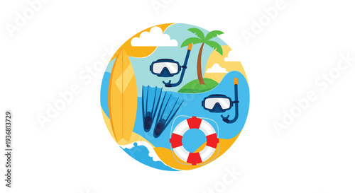 Circular concept illustration filled with summer vacation and water sports equipment, including a surfboard, snorkel mask, fins, and a lifebuoy on a beach.