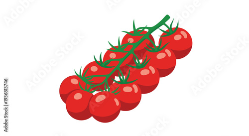A fresh and juicy bunch of ripe red cherry tomatoes clinging to a green vine, illustrated in a bright and appealing style and isolated on white.