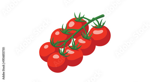 A vibrant bunch of red cherry tomatoes still attached to the green vine, illustrated in a simple, clean cartoon style on a white background.