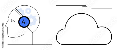 Human head with AI gear symbol and gear wheels, paired with a cloud icon, representing technology, AI, cloud computing, innovation. Ideal for AI research, cloud storage, data science technology