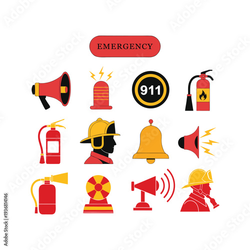 Fire Safety and Emergency Response Flat Vector Icon Set