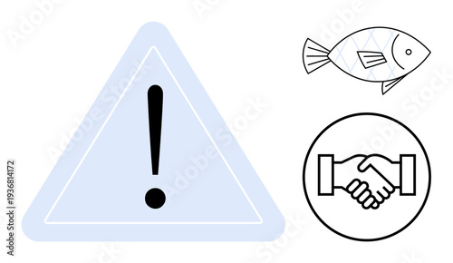 Warning symbol. Graphic highlighting caution with fish sustainability and handshake agreement. Warning resonates with ecological issues and partnerships. For environment, cooperation, agreement, risk