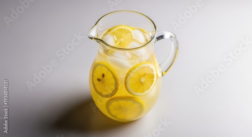Refreshing homemade citrus drink with ice and lemon slices in a clear pitcher perfect for summer quenching thirst on a hot sunny day, natural, slice, food photography