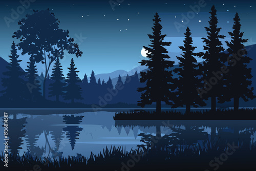 Night Forest Lake Reflection with Moon and Stars Serene Landscape