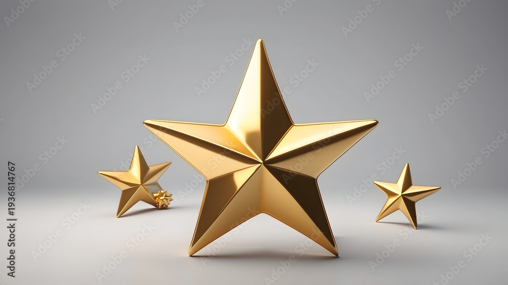 Obraz premium Three Shiny Gold Stars of Different Sizes Displayed on a Simple Grey Background