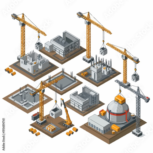 Isometric Construction Site with Cranes and Building Phases.