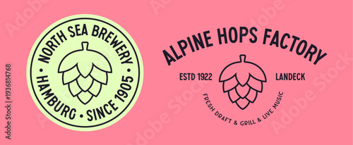 Beer pub, brewery sign, symbol, for pub, bar, beer restaurant branding. Vintage beer bar emblem with hops icon for draft drinks. Creative label, brewery badge for pub menu. Vector Illustration