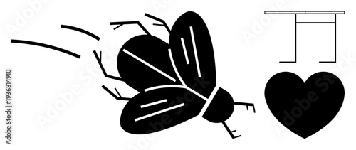 Art, nature, emotions, abstract design, movement, symbolism. A black fly contrasts with a heart and geometric lines. Art and nature in an abstract, conceptual visual style