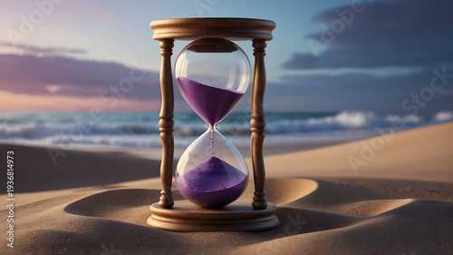 Wallpaper Mural Wooden Hourglass Filled With Purple Sand Sitting on a Beach During Sunset Over Ocean Waves Torontodigital.ca