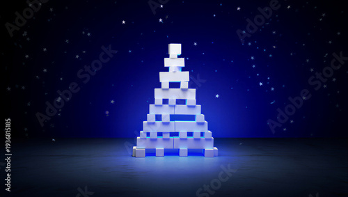Glowing blue and white 3D block Christmas tree on dark background with stars transparent background